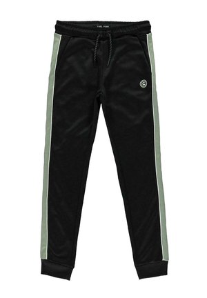 Zwarte joggingsbroek met lichtgroene zijkanten, elastische tailleband, trekkoord, voorzakken en klein rond logo op de linker bovenbeen.