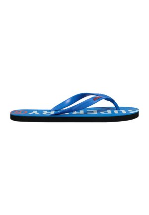 Chancla azul tipo flip-flop con tiras texturizadas y marca "Superdry" en la plantilla, mostrada de perfil sobre fondo blanco.