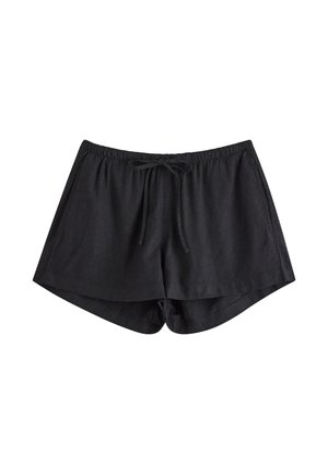Czarne lniane szorty z elastycznym paskiem w talii i sznurkiem ściągającym, lekko zaokrąglonym dołem oraz luźnym krojem. Miękka, oddychająca tekstura.