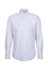 Niebieska i biała koszula w kratę, długie rękawy, z zapięciem na guziki z przodu, kołnierzyk, wykonana z lekkiego materiału o gładkiej fakturze.