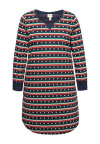 Abito a maniche lunghe con strisce orizzontali nei colori blu navy, rosso e teal, arricchito da piccoli motivi a forma di cuore. Tessuto morbido con scollo a V.