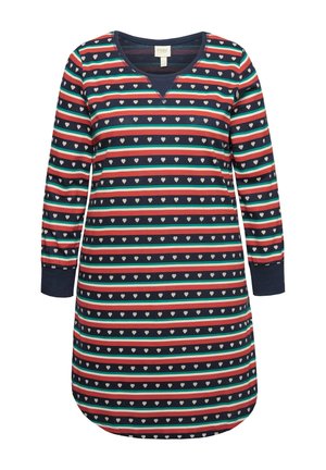 Langärmliges Kleid mit horizontalen Streifen in Marineblau, Rot und Petrol, verziert mit kleinen Herzmustern. Weicher Stoff mit V-Ausschnitt.