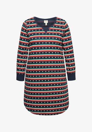Langärmliges Kleid mit horizontalen Streifen in Marineblau, Rot und Petrol, verziert mit kleinen Herzmustern. Weicher Stoff mit V-Ausschnitt.