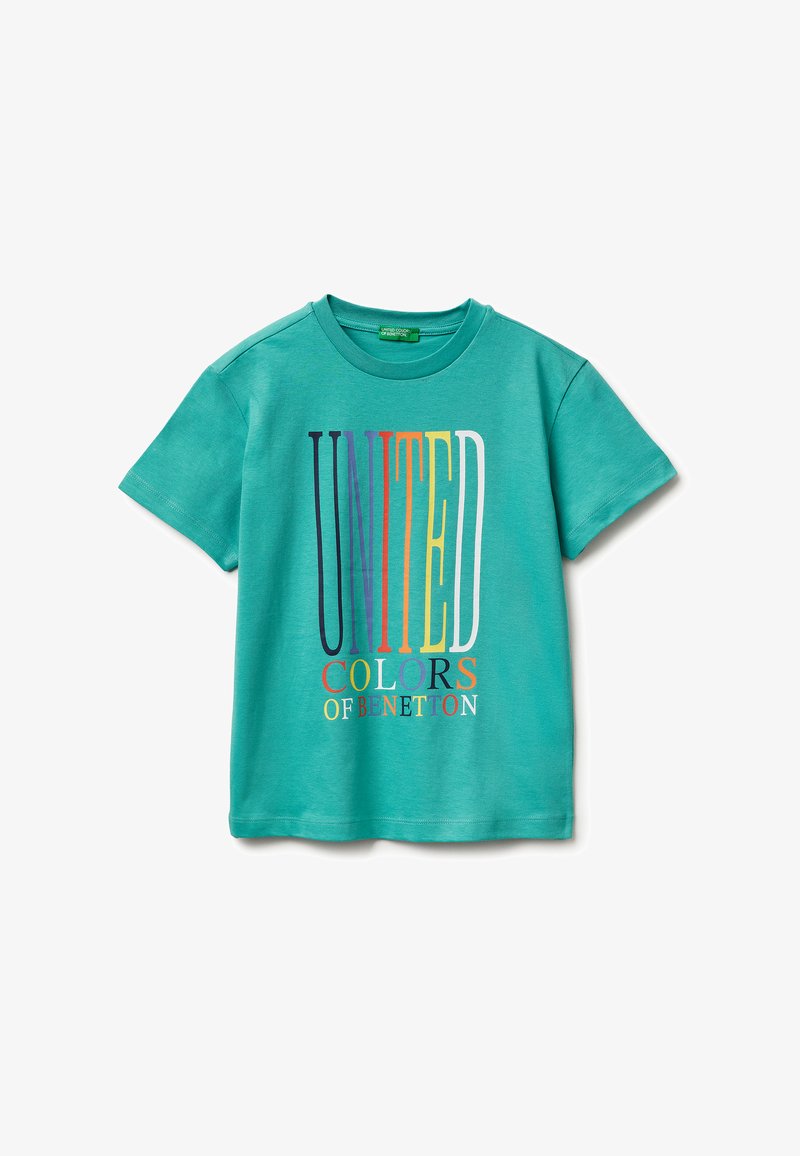 T-shirt turquoise à manches courtes avec texte multicolore "UNITED COLORS OF BENETTON" imprimé sur le devant.
