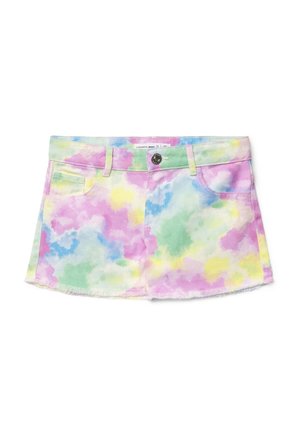 Minigonna in denim con motivo tie-dye pastello in rosa, giallo, verde e blu, dotata di passanti per cintura, bottone e tasche.