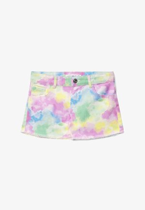 Minigonna in denim con motivo tie-dye pastello in rosa, giallo, verde e blu, dotata di passanti per cintura, bottone e tasche.