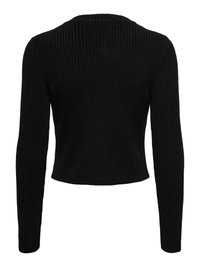 Schwarzer gerippter Pullover mit langen Ärmeln und einem cropped Design. Besitzt ein strukturiertes Strickmuster und einen runden Ausschnitt auf der Rückseite.