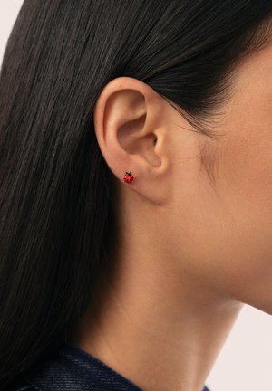 Primer plano de una oreja con cabello negro lacio recogido detrás, que lleva un pequeño pendiente en forma de mariquita roja.