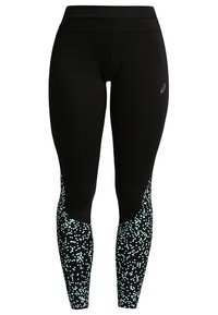 Leggings sportivi neri con vita alta e motivo a pois blu chiaro sulla parte inferiore delle gambe, con un piccolo logo sulla coscia superiore.