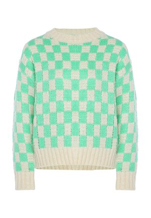Flauschiger Strickpullover mit einem grün-weißen Karomuster, gerippten Bündchen und Saum, rundem Halsausschnitt und lockerer Passform.