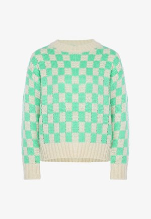 Flauschiger Strickpullover mit einem grün-weißen Karomuster, gerippten Bündchen und Saum, rundem Halsausschnitt und lockerer Passform.
