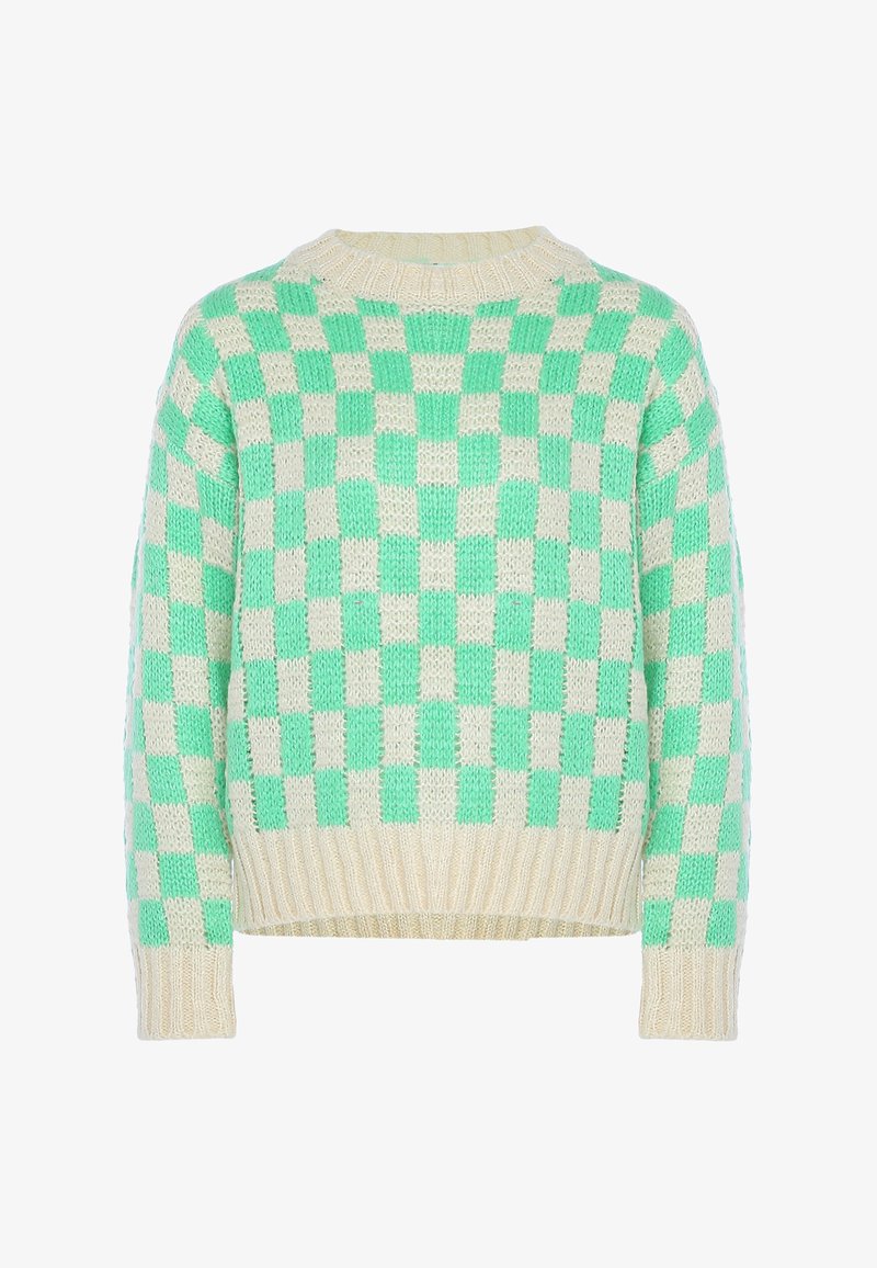 Maglione a maglia grossa con un motivo a scacchi verde e crema, polsini e orlo a coste, scollatura rotonda e design a vestibilità ampia.