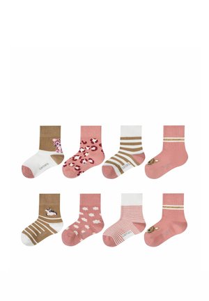 Huit paires de chaussettes pour tout-petits en tons rose, blanc et marron avec des motifs comprenant des rayures, des nuages, des taches de léopard et des visages d'animaux.