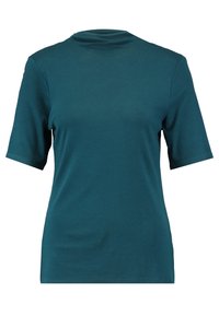 Teal kortærmet t-shirt med rund hals. Lavet af blødt stof, den har en glat, jævn tekstur og en afslappet pasform uden mønstre eller accenter.