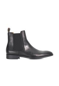 Black leather Chelsea boot with elastic side panels, rounded toe, and a low stacked heel. Features a pull tab at the back.