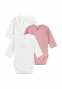 Tre langermede bodysuits: en hvit med små flerfargede hjerter, en ensfarget hvit og en ensfarget rosa, alle med trykknapper.