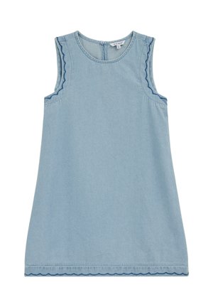 Bezrukávové svetlomodré džínsové šaty so zubatým tmavomodrým lemom okolo výstrihu na rukávoch a spodného lemu, zapínanie na gombíky na zadnej strane výstrihu.