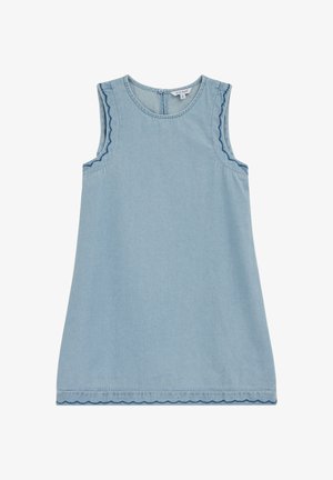 Robe sans manches en denim bleu clair avec bordure festonnée bleu foncé le long des emmanchures et de l'ourlet, fermeture à boutons au niveau de l'encolure arrière.
