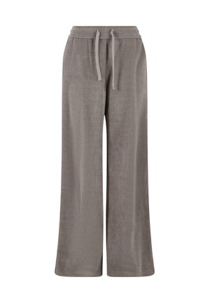 Spodnie sztruksowe w miękkim szarym kolorze, z szerokimi nogawkami, elastycznym pasem i sznurkiem do regulacji. Teksturowany materiał z pionowymi prążkami.