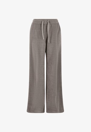 Spodnie sztruksowe w miękkim szarym kolorze, z szerokimi nogawkami, elastycznym pasem i sznurkiem do regulacji. Teksturowany materiał z pionowymi prążkami.