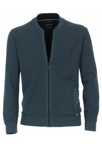 Teal zip-up kofta i texturerad bomull. Har en ribbad krage, manschetter och nederkant, med två sidofickor och en logodetalj.