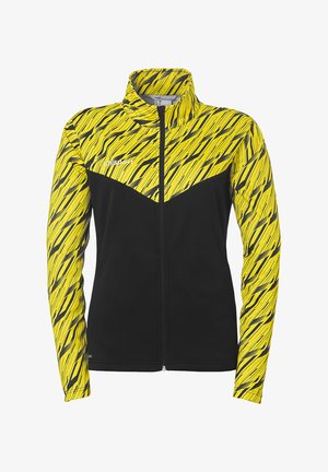 Zwart-gele ritssluiting jacket met hoge kraag. Het geel heeft een golvend patroon met zwarte accenten op de schouders en mouwen.