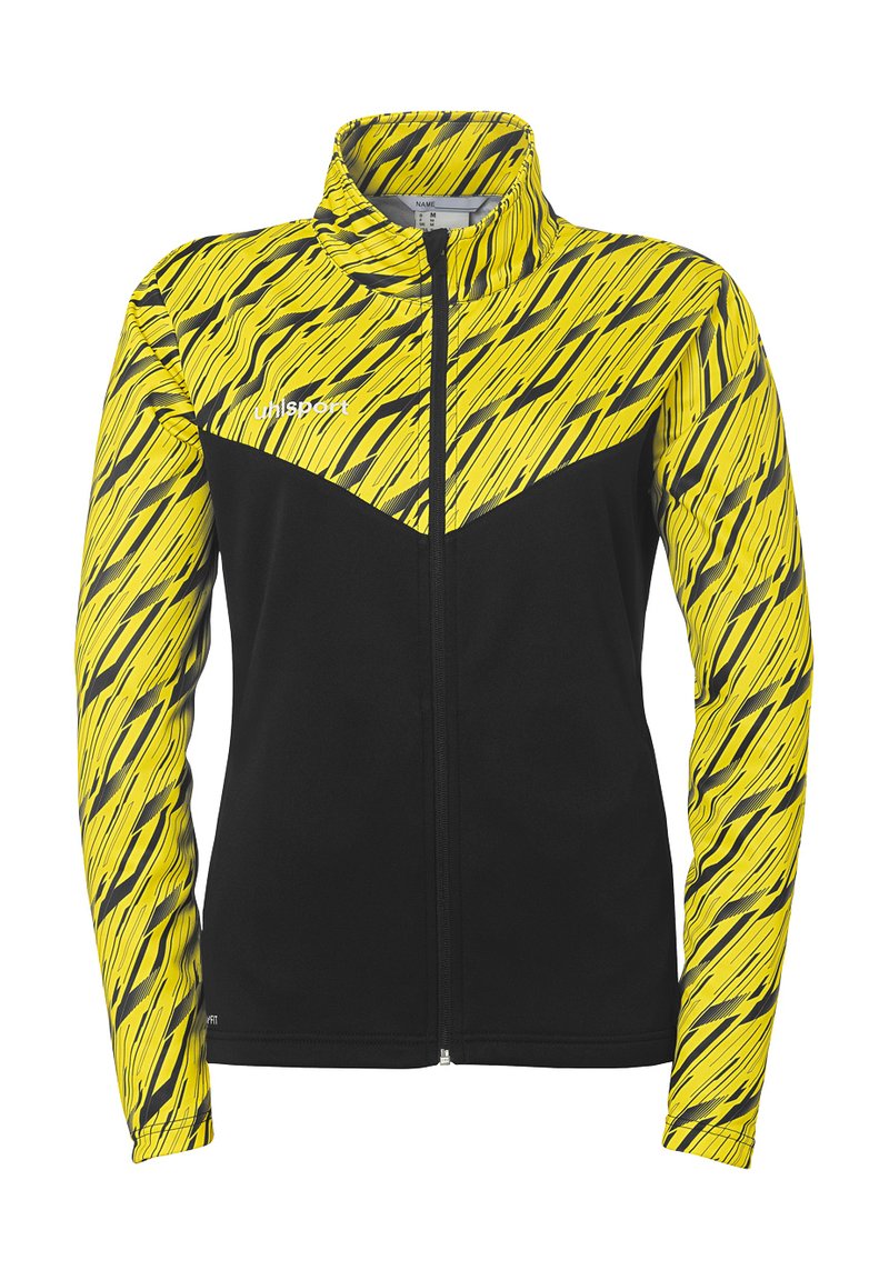 Zwart-gele ritssluiting jacket met hoge kraag. Het geel heeft een golvend patroon met zwarte accenten op de schouders en mouwen.