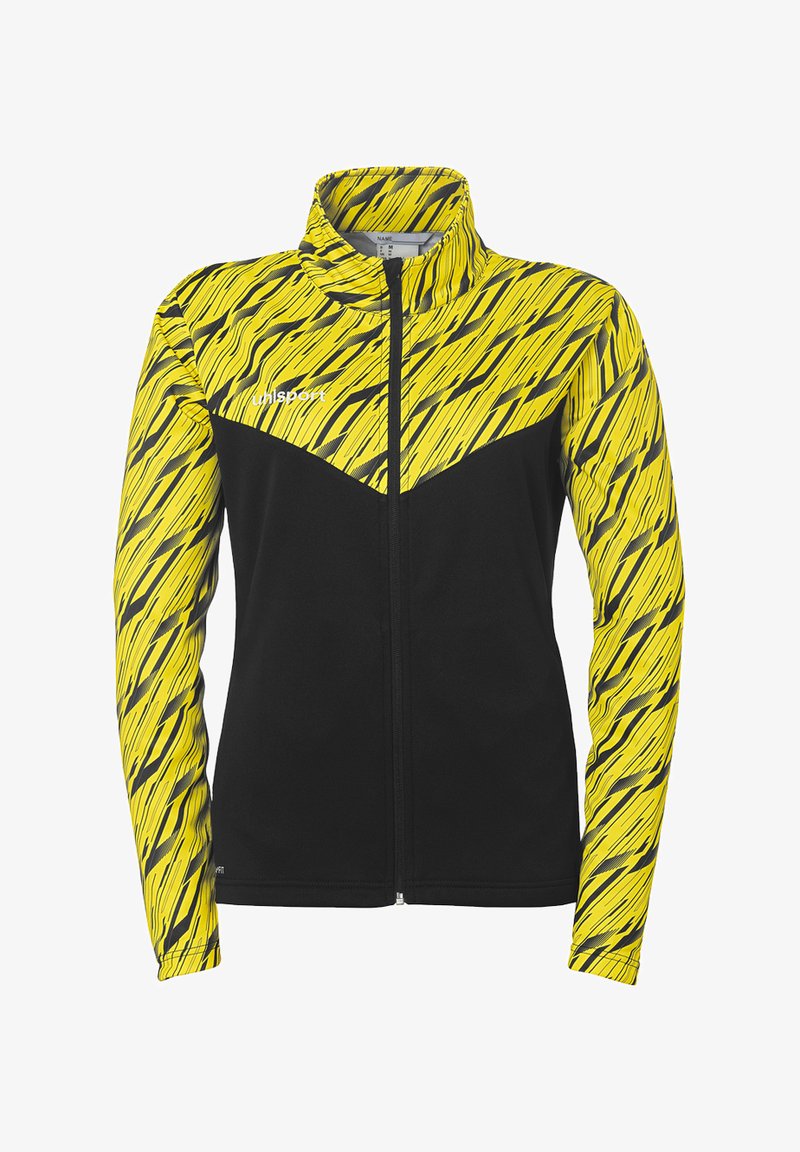 Zwart-gele ritssluiting jacket met hoge kraag. Het geel heeft een golvend patroon met zwarte accenten op de schouders en mouwen.