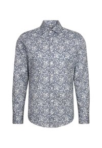 Chemise à manches longues avec boutons, arborant un motif floral dense blanc et bleu, et un col pointu classique.