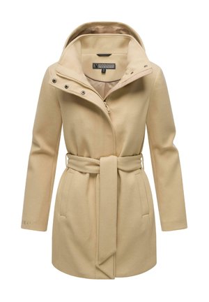 Beige wollen jas met een capuchon, voorzien van een ritssluiting en drukknopen, een strikceintuur op de taille en zijzakken. Glad textuur, getailleerde pasvorm.