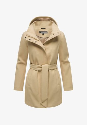Manteau en laine beige avec capuche, doté d'une fermeture éclair et de boutons-pression, d'une ceinture à nouer à la taille et de poches latérales. Texture lisse, coupe ajustée.