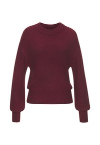 Burgunderfarbener Strickpullover mit Rundhalsausschnitt, überschnittenen Schultern und langen, leicht ballonierten Ärmeln. Hat eine lässige Passform und strukturierte Ripp-Textur.