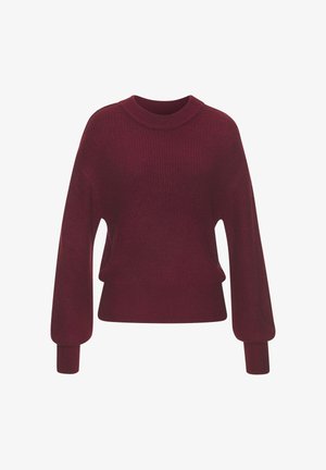 Maglione lavorato a maglia bordeaux con colletto rotondo, spalle scese e maniche lunghe leggermente a palloncino. Presenta una vestibilità rilassata e una texture a coste.