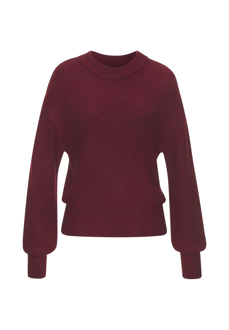 Burgunderfarbener Strickpullover mit Rundhalsausschnitt, überschnittenen Schultern und langen, leicht ballonierten Ärmeln. Hat eine lässige Passform und strukturierte Ripp-Textur.
