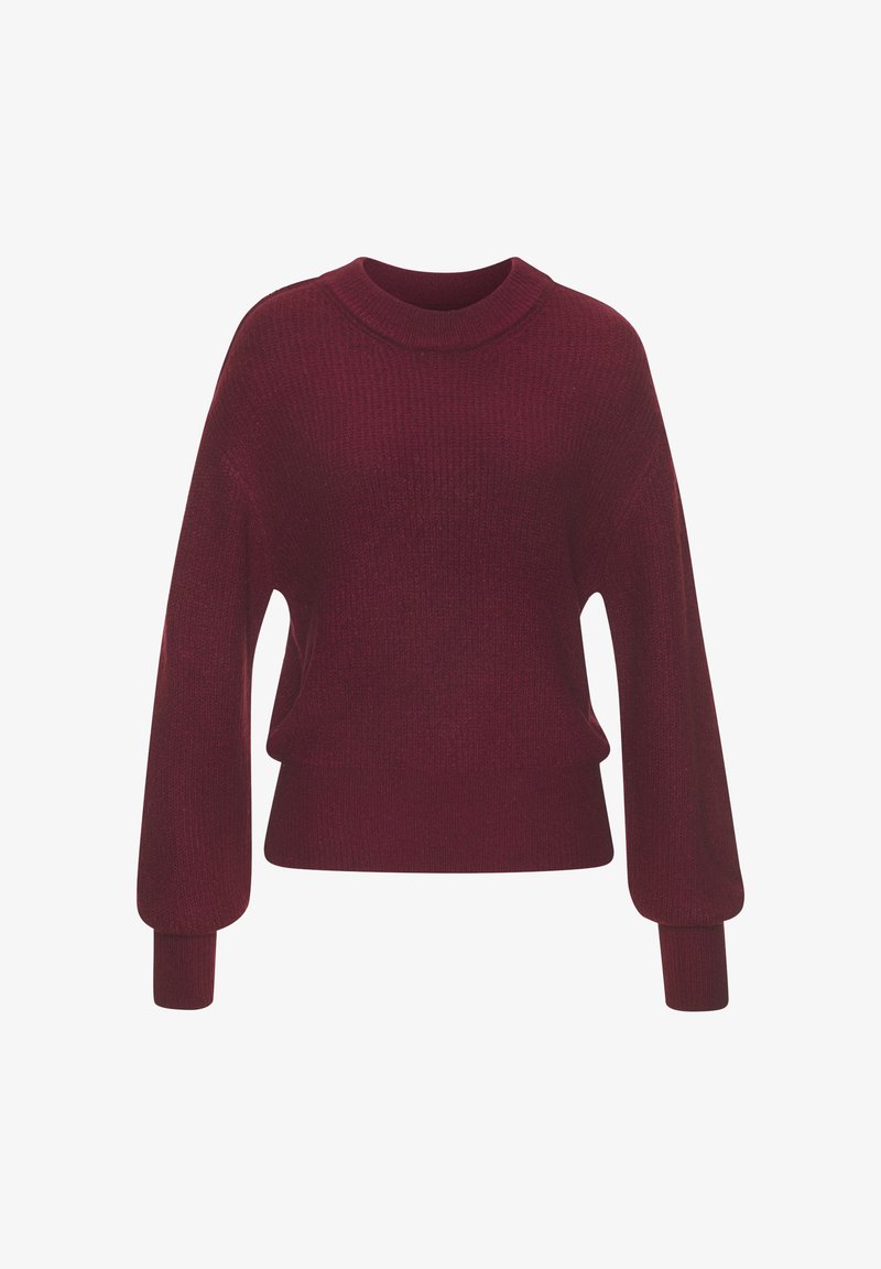 Burgunderfarbener Strickpullover mit Rundhalsausschnitt, überschnittenen Schultern und langen, leicht ballonierten Ärmeln. Hat eine lässige Passform und strukturierte Ripp-Textur.