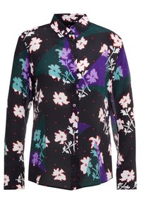 Overhemdd met knopen gemaakt van lichtgewicht stof; zwarte achtergrond met kleurrijke bloem- en geometrische patronen in paars, turquoise, rood en wit.