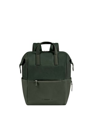 Dark green backpack with top handles, front zippered pocket, padded shoulder straps, and smooth rectangular design.