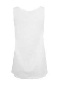 White tank top, sleeveless, made of cotton. Smooth texture, round neckline, lower hem at hip level, no patterns or visible hardware.