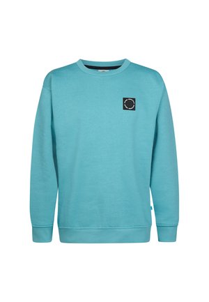 Sweat-shirt turquoise à col rond, manches longues et petit écusson noir avec logo sur la partie supérieure gauche de la poitrine.