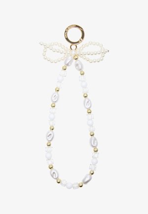 Perlekæde med hvide perler, klare og hvide glasperler, gulddetaljer og en gylden cirkulær lås med en sløjfedesign øverst.