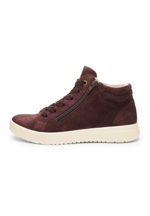 Dark brown suede high-top sneaker with lace-up front, side zipper, padded collar, and white rubber sole.