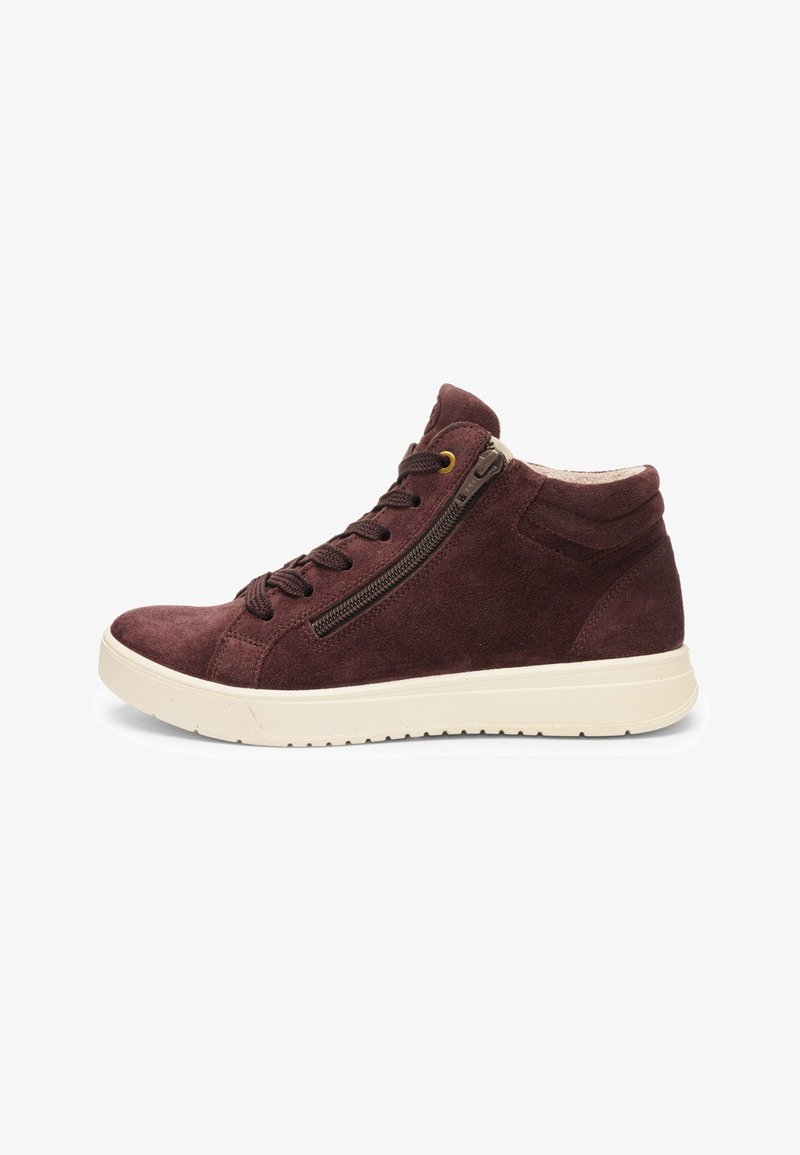 Dark brown suede high-top sneaker with lace-up front, side zipper, padded collar, and white rubber sole.