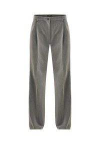 Pantaloni grigi a pieghe realizzati in tessuto testurizzato, con chiusura a bottone e taglio dritto. Finitura liscia con un motivo sottile.