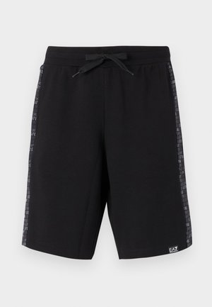 Schwarze Sportshorts aus weichem Stoff, mit einem Kordelzugbund und seitlichen Einsätzen, die mit wiederholt abgedrucktem Logo-Text in Dunkelgrau versehen sind.