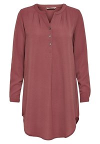 Langärmlige, knopfgeknöpfte Bluse in tiefrosa Farbe mit rundem Halsausschnitt, weichem Material und gefältelten Details an den Schultern.