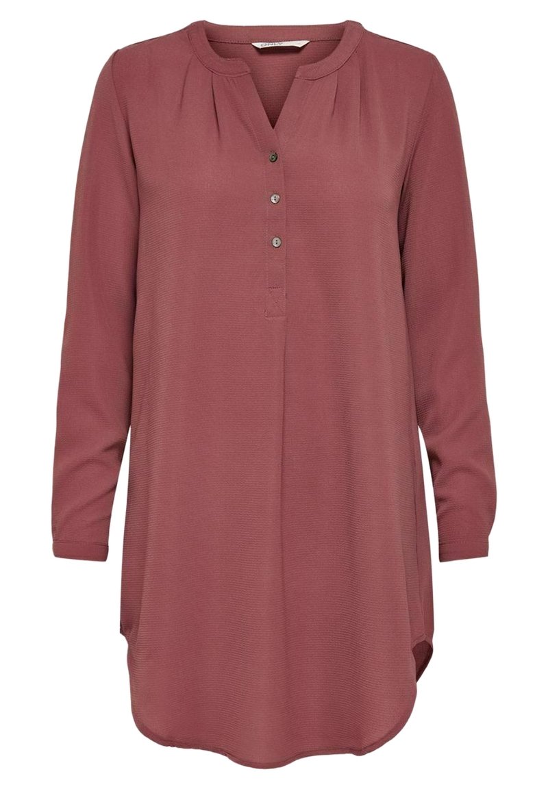 Langärmlige, knopfgeknöpfte Bluse in tiefrosa Farbe mit rundem Halsausschnitt, weichem Material und gefältelten Details an den Schultern.