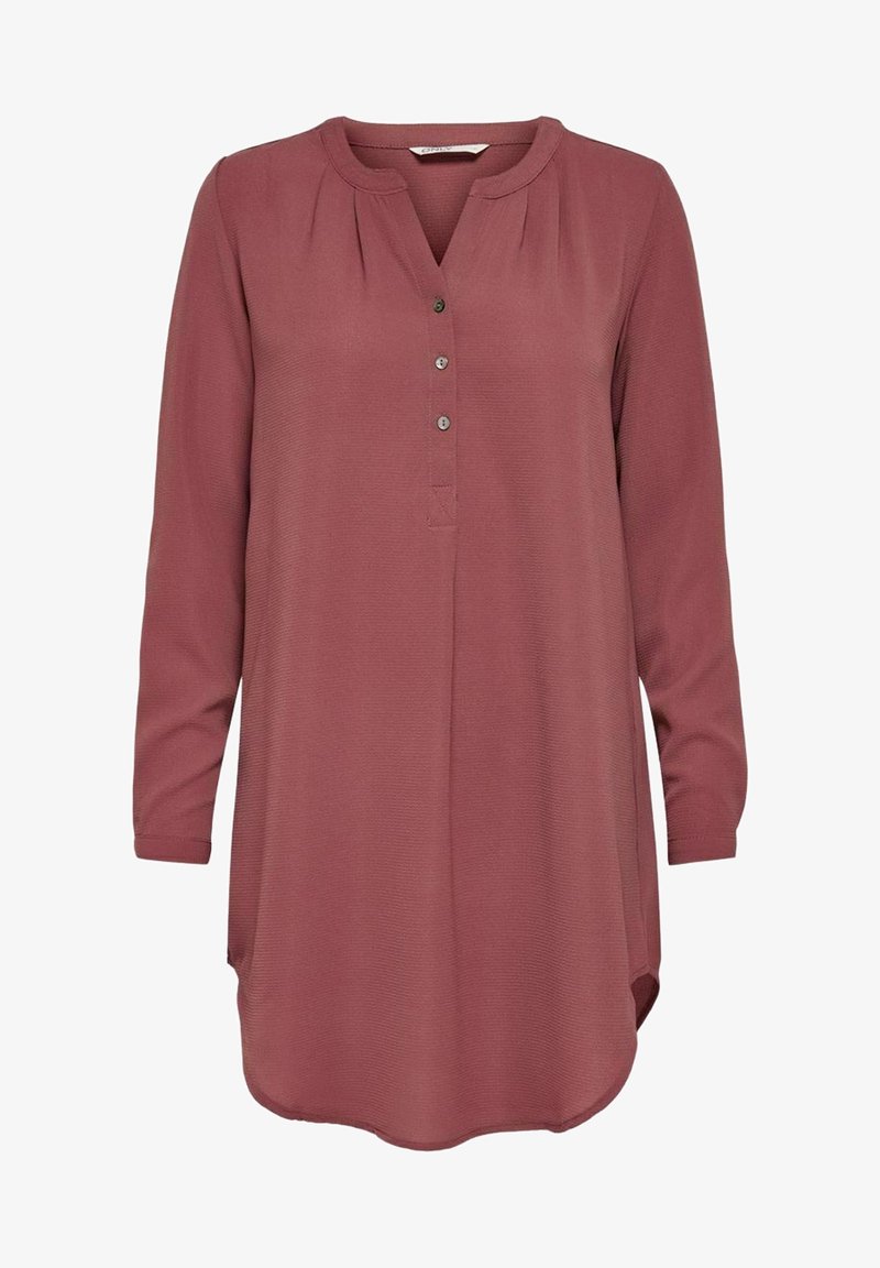 Langärmlige, knopfgeknöpfte Bluse in tiefrosa Farbe mit rundem Halsausschnitt, weichem Material und gefältelten Details an den Schultern.