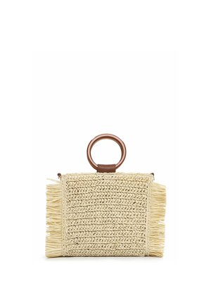 Rectangular beige woven handbag with fringed sides and a round brown wooden handle on top.