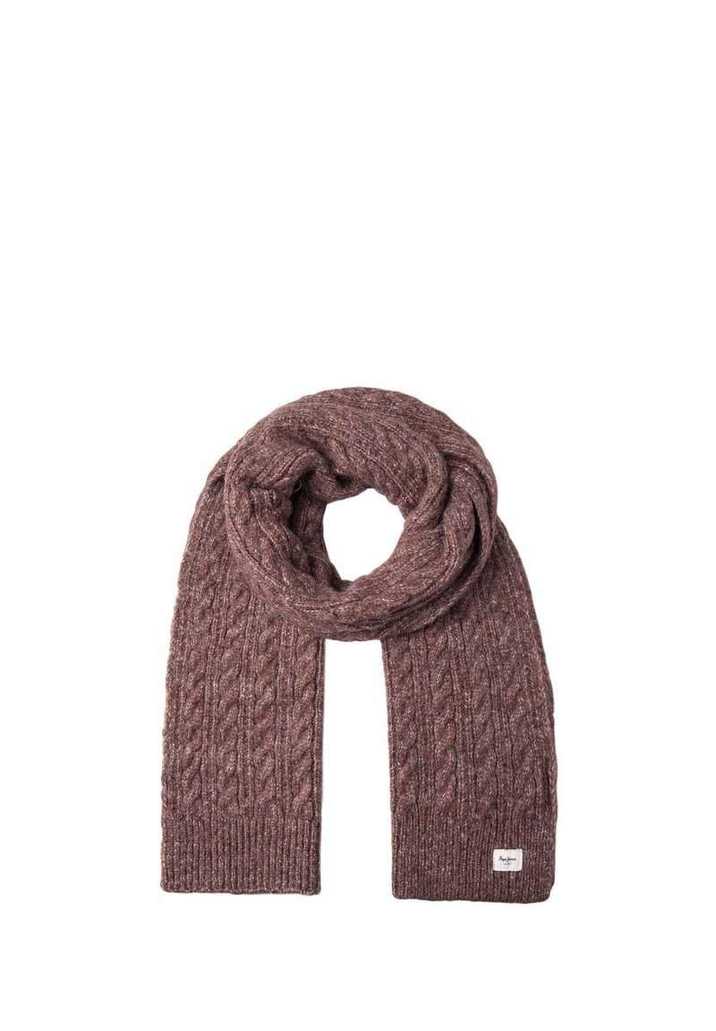 Kabelgebreide sjaal in een gedempt mauve kleur, gemaakt van een textuurstof. Kenmerkt zich door ribbelranden en een klein label aan één uiteinde.