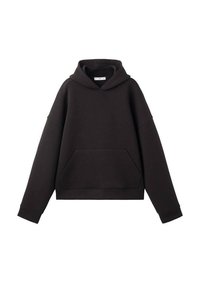 Felpa nera a maniche lunghe tagliata, realizzata in morbido misto cotone. Presenta una tasca frontale, vestibilità oversize e polsini larghi. Nessun marchio visibile.